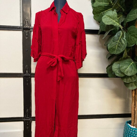 Zara Women's Red Ruffle Sleeve Tunic Dress w/Belt, Front Buttons, Size XS - Picture 1 of 6